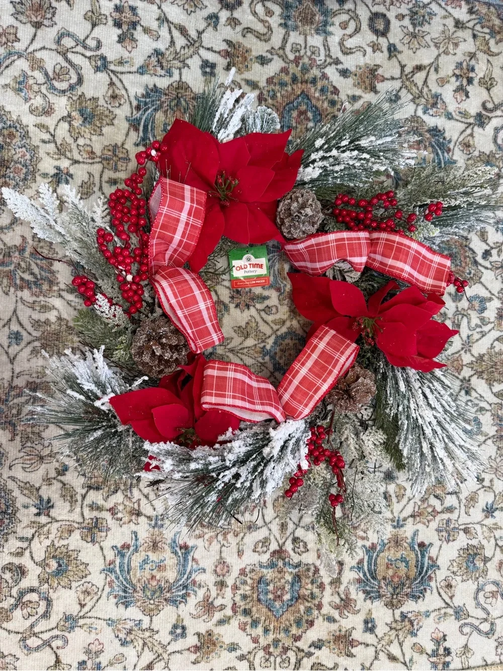 New Large Frosted Poinsettia Christmas Holiday Wreath Red Plaid Ribbon